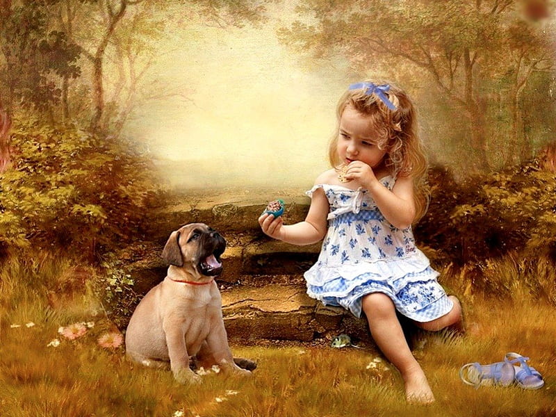 CHILDHOOD FRIENDS, Girl, Puppy, Stairs, friends, HD wallpaper | Peakpx