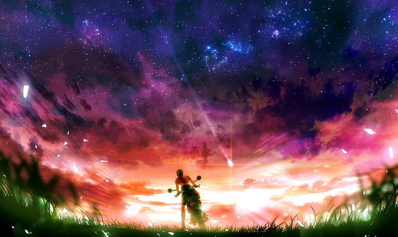 Anime, Original, Girl, Motorcycle, Shooting Star, Starry Sky, HD wallpaper