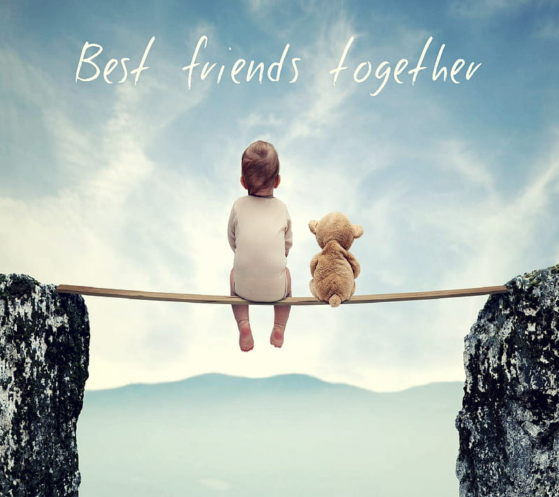 Best Friends, baby, bear, child, rope, sit, teddy, together, HD wallpaper