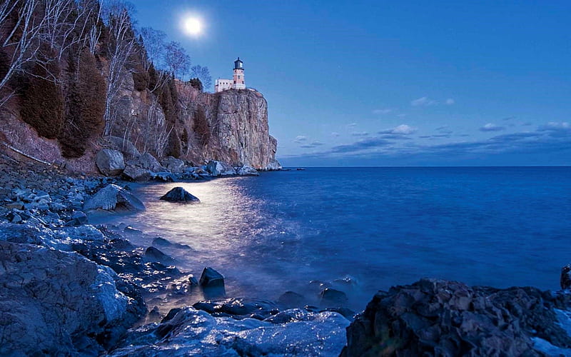 Mountaintop Seacoast Lighthouse, Lighthouses, Mountains, Beaches, Oceans, Moonlight, Seacoast, Rocks, Nature, HD wallpaper