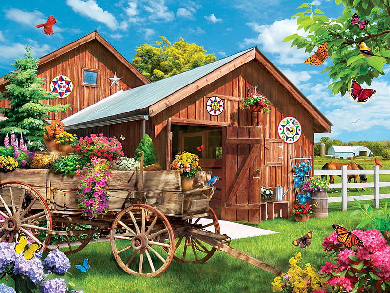 Flying to Flower Farm, butterflies, farmhouse, digital, flowers, cart, artwork, HD wallpaper