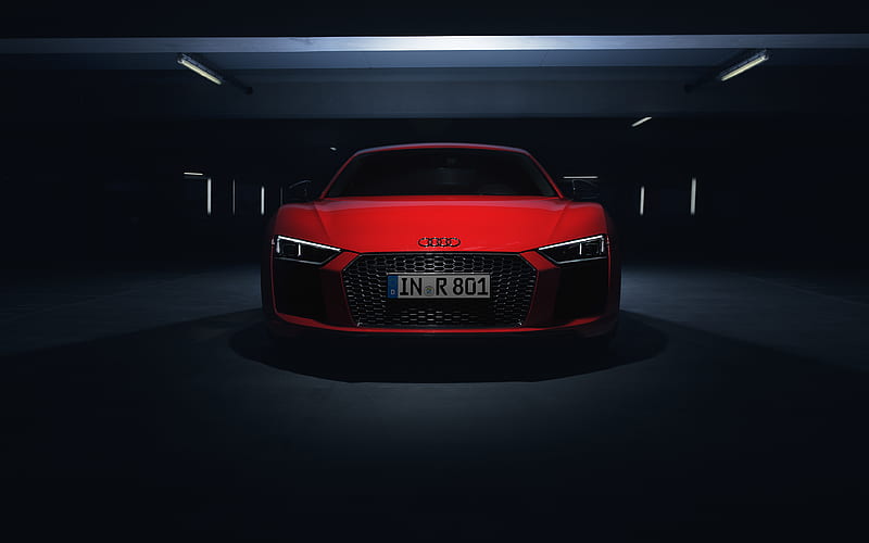 Audi R8 V10 Plus, parking, 2018 cars, front view, supercars, red R8, Audi, HD wallpaper