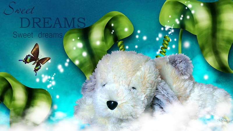 Sweet Dreams Puppy, stars, stuffed animal, shine, dreams, sparkle, leaves, plush, butterfly, puppy, dog, HD wallpaper