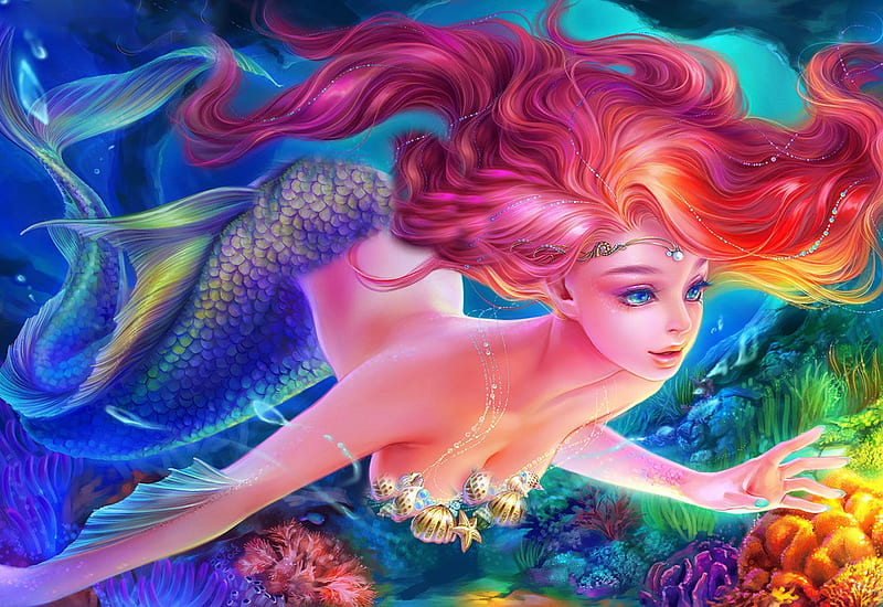 Rainbow Mermaid, pretty, art, female, colors, mermaid, bonito, rainbow, woman, fantasy, girl, digital, HD wallpaper