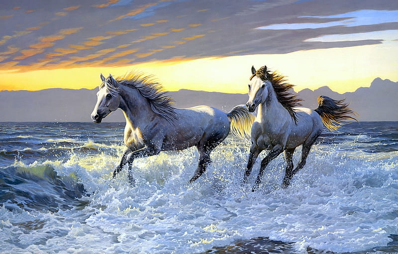 Horses, persis clayton weirs, horse, sea, wave, art, beach, cal, water, running, painting, pictura, HD wallpaper