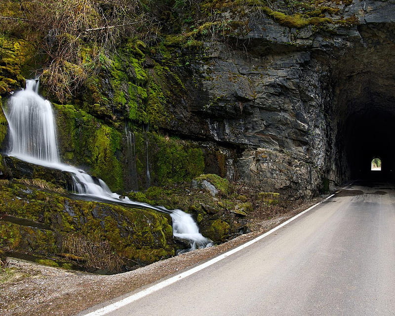 Waterfall and Tunnel on Moon Pass Road, tunnel, road, rock, falls, HD wallpaper
