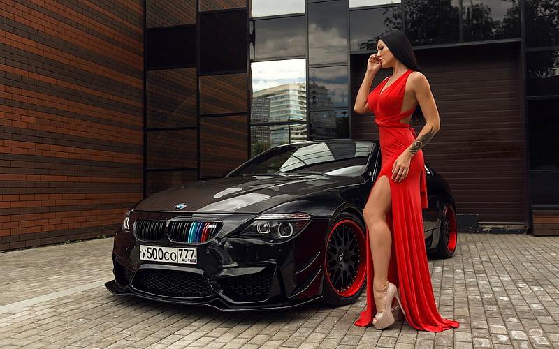 Model with a Black BMW, red, brunette, dress, model, bmw, car, HD wallpaper