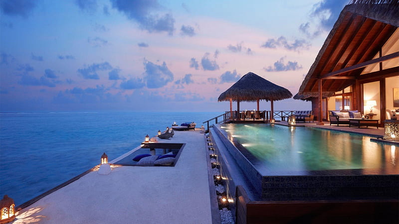fantastic terrace in an ocean front resort, resort, pool, sea, terrace, HD wallpaper
