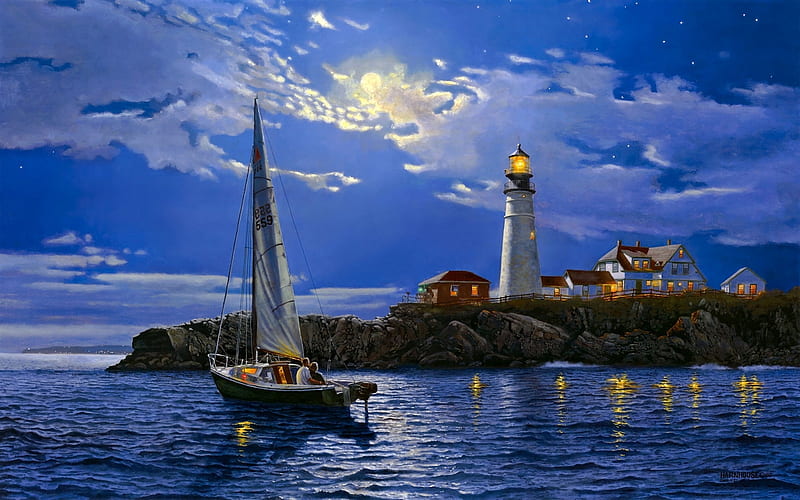 Lighthouse Painting, Boat, Art, Couple, Lighthouse, HD wallpaper