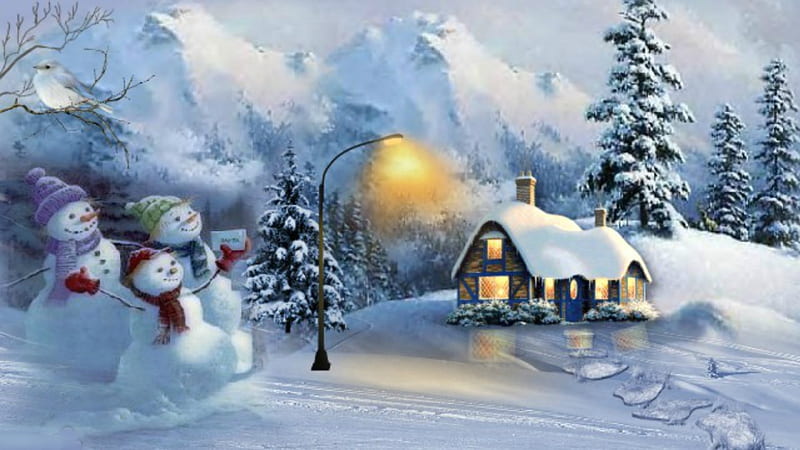 ~*~ Snowmen ~*~, winter montains, snow, winter house, nature, snowman, winter, landscape, HD wallpaper