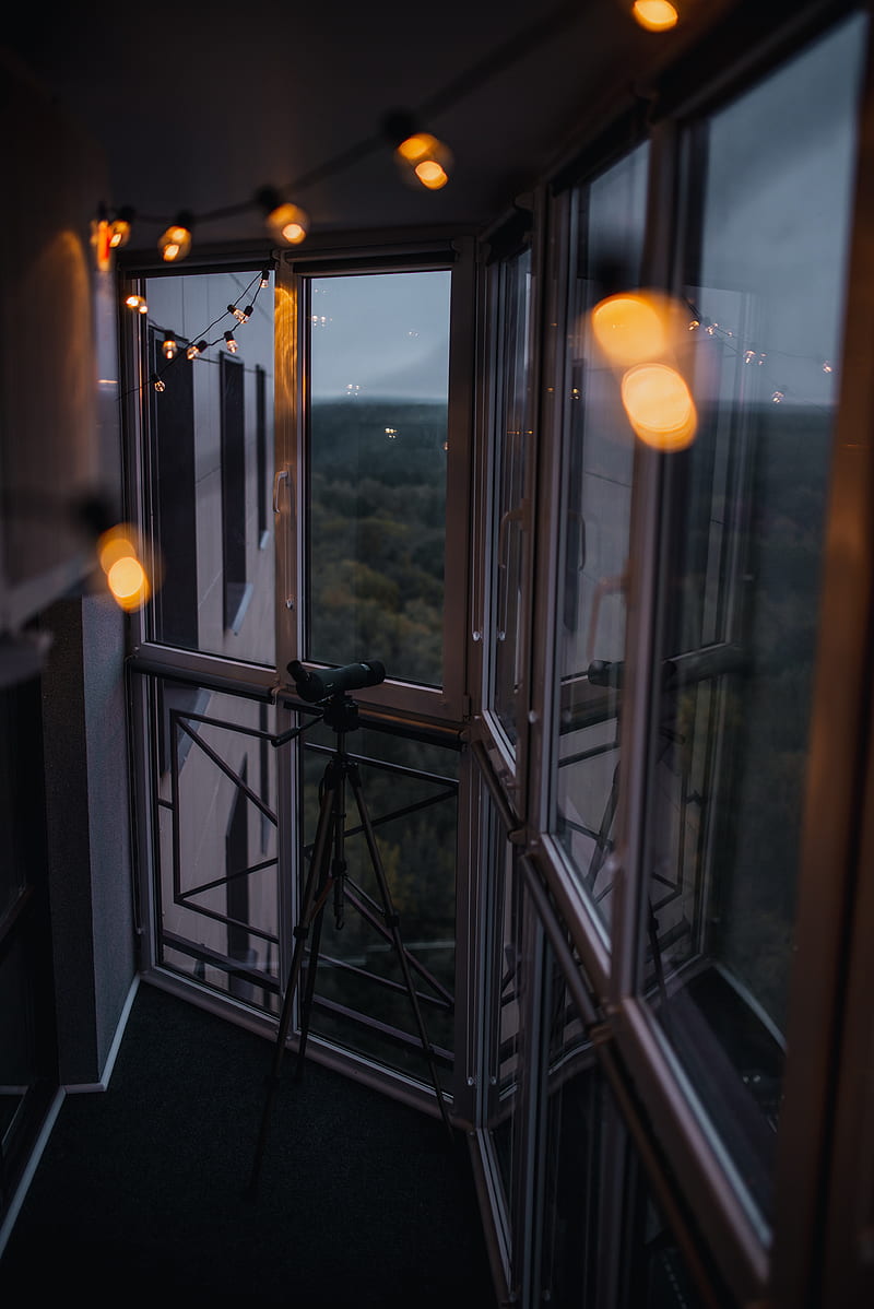 balcony, window, telescope, garland, glare, HD phone wallpaper