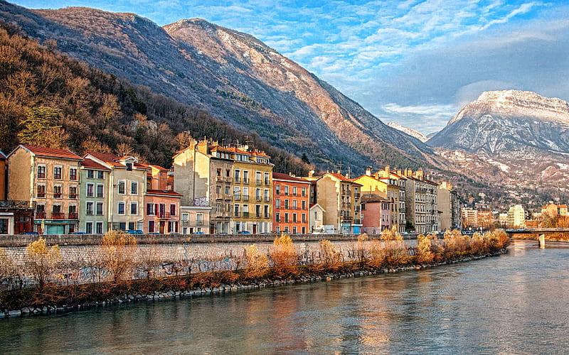Grenoble, French Alps, autumn, evening, sunset, mountain landscape, river Drac, Grenoble cityscape, France, HD wallpaper