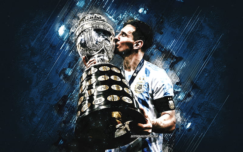 Lionel Messi, Argentina national football team, Copa America cup, Messi with cup, 2021 Copa America winners, blue stone background, grunge art, football, HD wallpaper