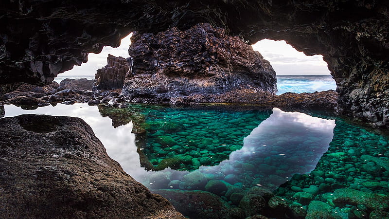 Natural pool in cave, rocks, water, Canary Islands, ocean, pool, Spain, cave, HD wallpaper