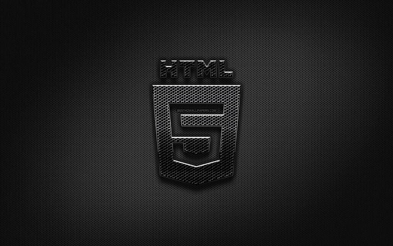 HTML5 black logo, programming language, grid metal background, HTML5, artwork, creative, programming language signs, HTML5 logo, HD wallpaper