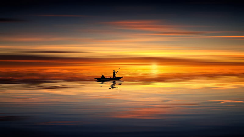 Sunset, boat, water, vara, orange, summer, fisher, johannes plenio, sea, silhouette, HD wallpaper
