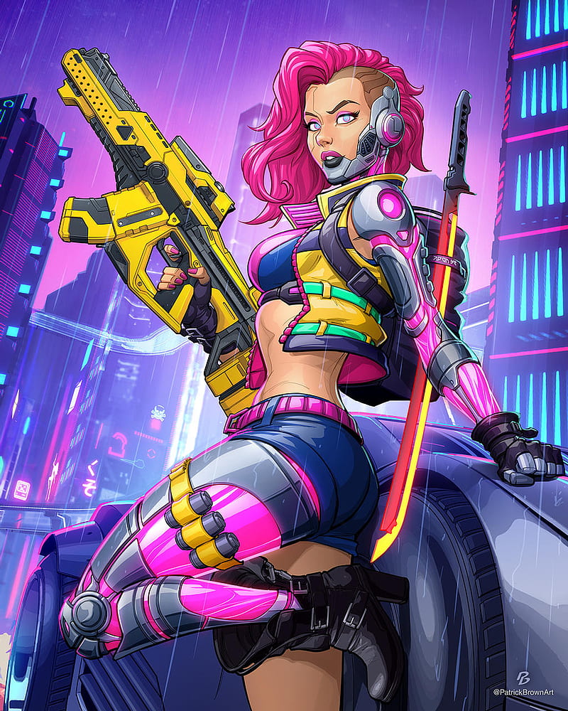 cyberpunk, artwork, science fiction, science fiction women, colorful, women, girls with guns, HD phone wallpaper
