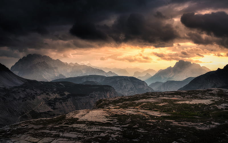 mountain landscape, evening, sunset, clouds, mountains, Dolomites, Italy, HD wallpaper