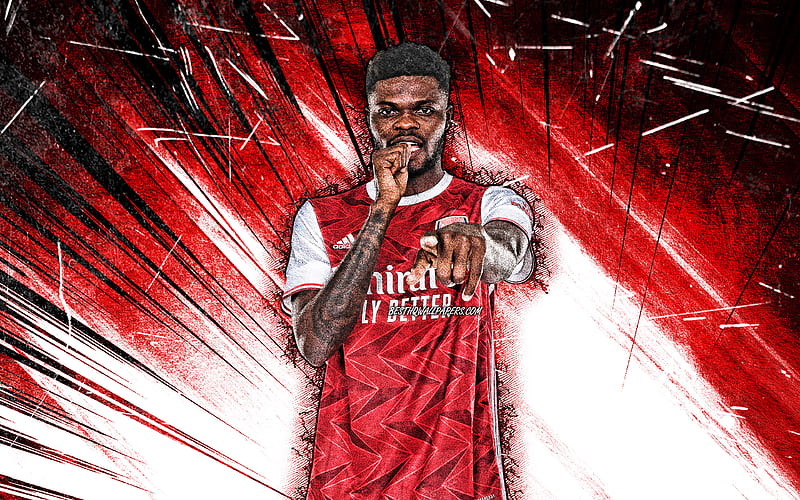 Thomas Partey, grunge art, ghanaian footballers, Arsenal FC, soccer, Premier League, football, Thomas Teye Partey, red abstract rays, The Gunners, Thomas Partey Arsenal, HD wallpaper