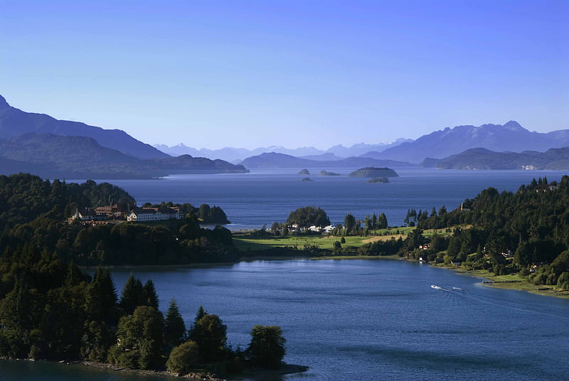 Panoramic View, lakes, boat, mountains, trees, blue, HD wallpaper | Peakpx