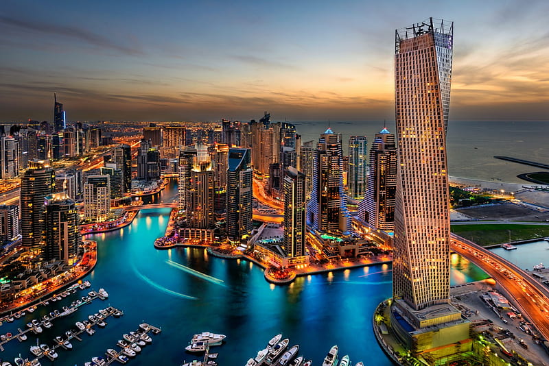 Dubai, city, arab emirates, harbour, lights, night, skyscrapers, HD wallpaper