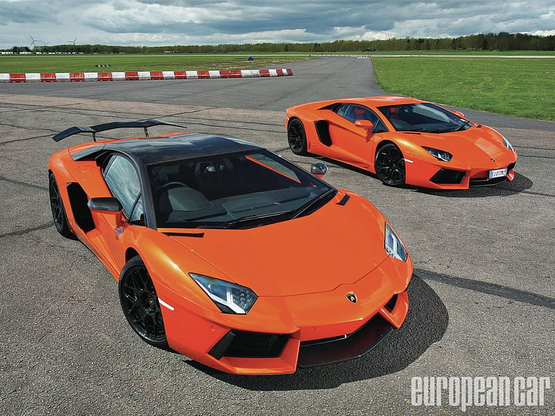 12-Lamborghini-Aventador, lambos, two cars, orange, black wheels, HD wallpaper