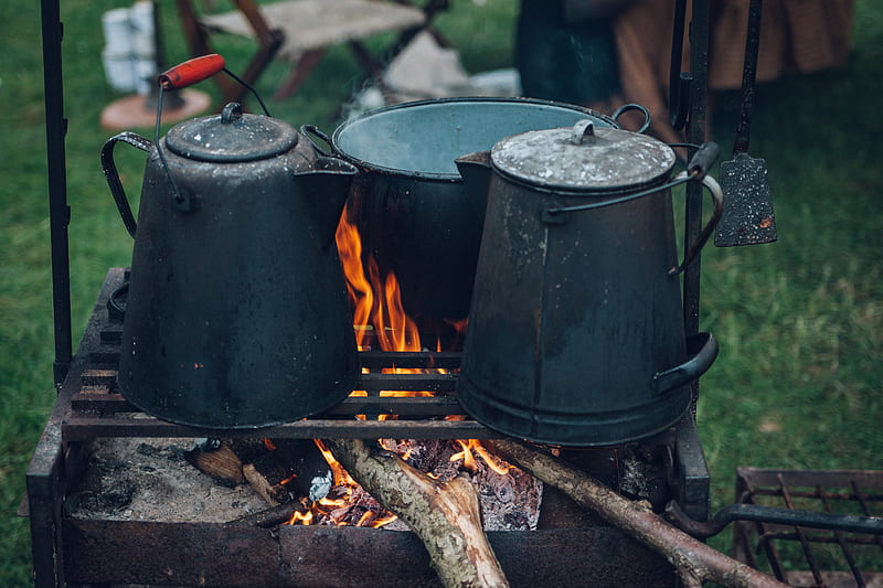 two kettles and one pot on top of fire, HD wallpaper