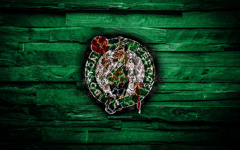 Boston Celtics scorched logo, NBA, green wooden background, american basketball team, Eastern Conference, grunge, basketball, Boston Celtics logo, fire texture, USA, HD wallpaper