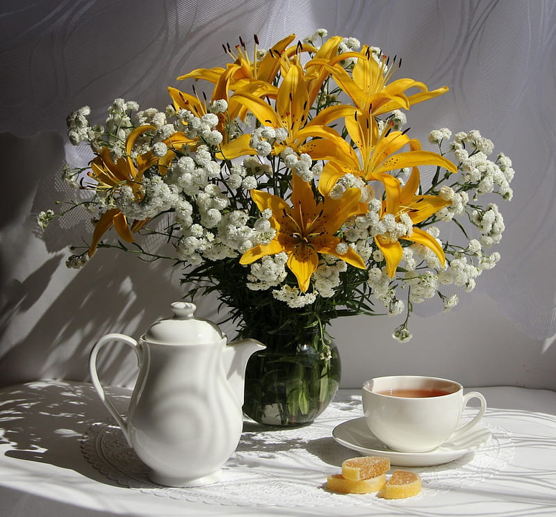 Still life, Cup, Flowers, Vase, Teapot, HD wallpaper