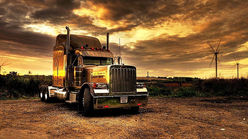 peterbilt, rig, kenworth, truck, grass, sunset, HD wallpaper