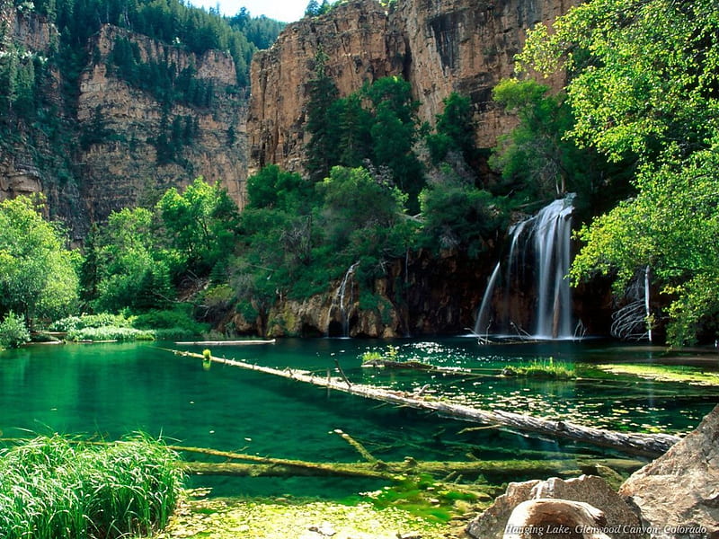 Hanging Lake, Glenwood Cayon, Colorado, grass, sky, lake, waterfalls, mountain, daylight, water, green, logs, day, nature, falls, HD wallpaper