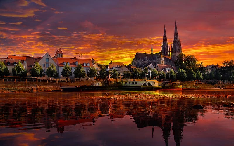 Cities, Water, Sunset, Sky, City, Reflection, Church, Germany, Regensburg, HD wallpaper