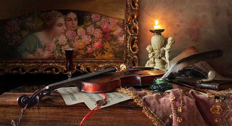 Still life, Style, Notes, Violin, Candle, HD wallpaper