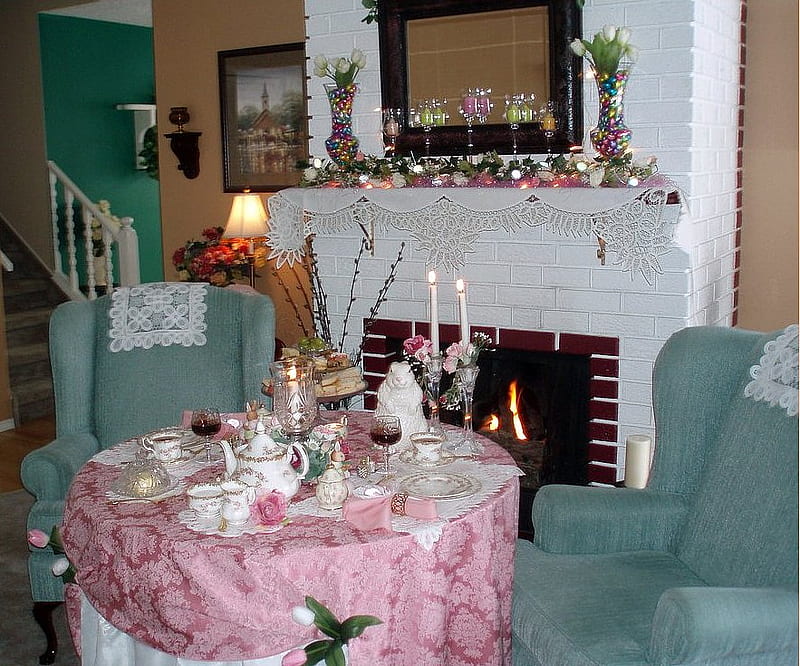 Fireside Spring Tea, table, fireplace, living room, setting, spring, tea, HD wallpaper
