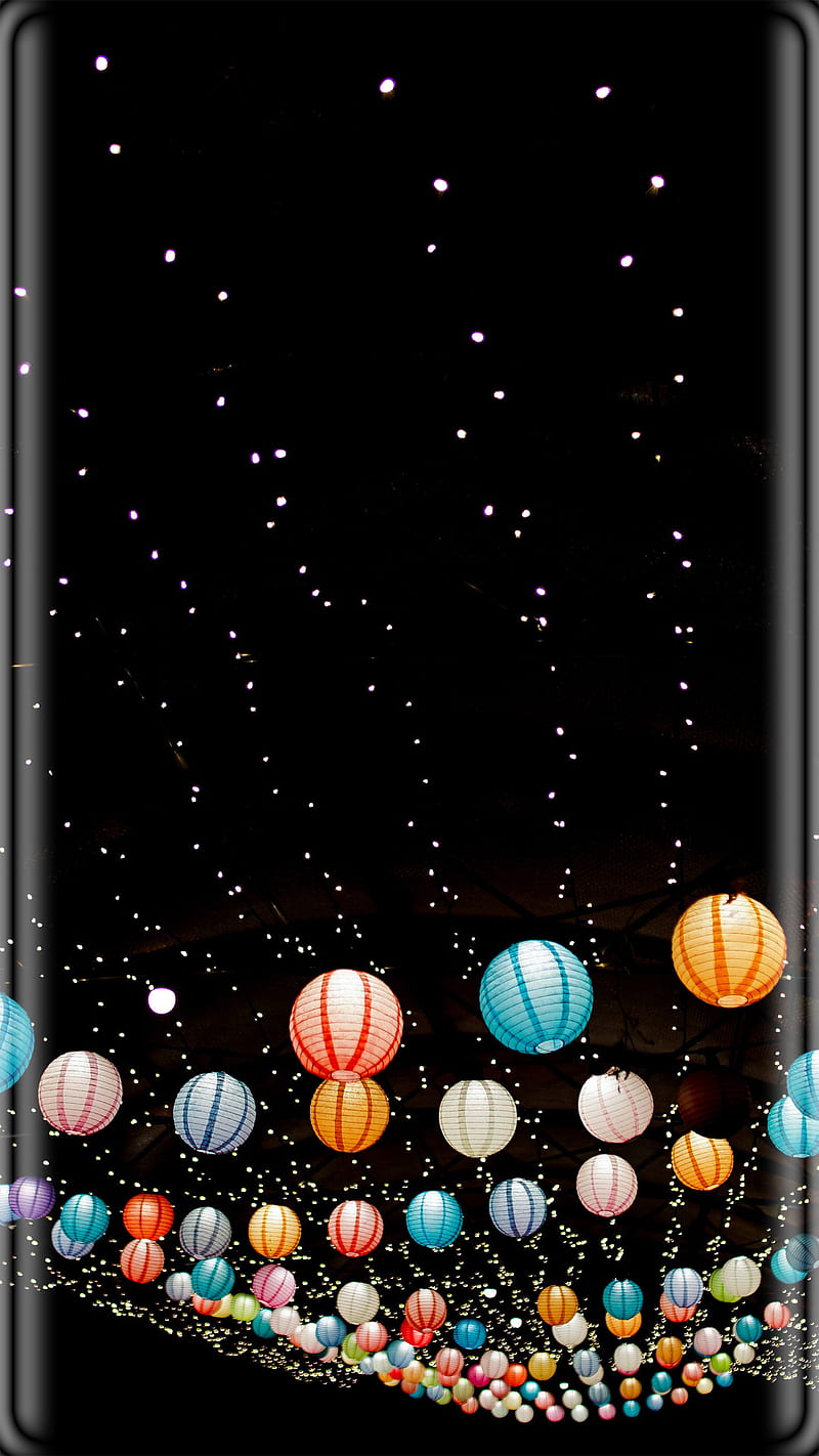 Chinese lanterns, black, colorful, edge, happy, light, night, s7, sky, HD phone wallpaper