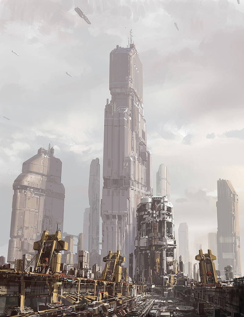 futuristic industrial city, towers, machines, Sci-fi, HD phone wallpaper