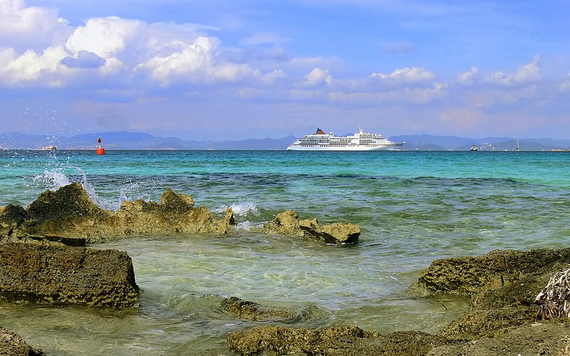 a beautiful cruise, rocks, wet, ocean, waves, sky, clouds, sea, beach, graphy, boat, water, nature, tropical, HD wallpaper