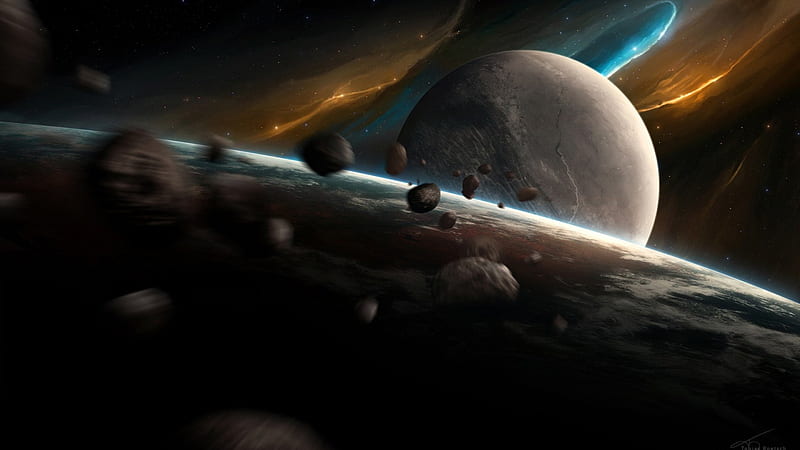 Nightfall, planets, moons, debris, 3D, space, galaxies, asteroids, HD wallpaper