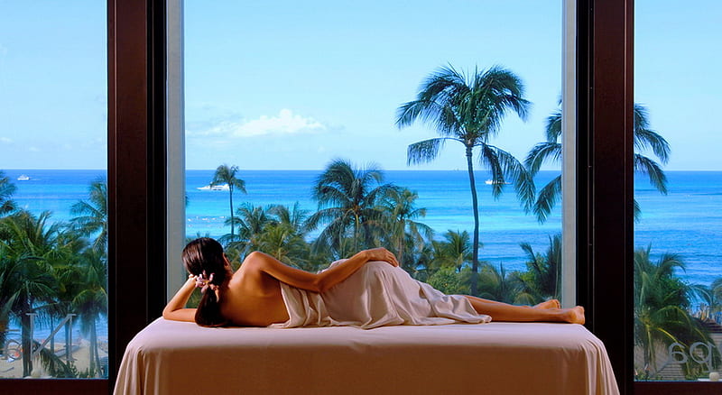 A view of beauty, tropical view, window, ocean, beauty, reclining, trees, woman, HD wallpaper