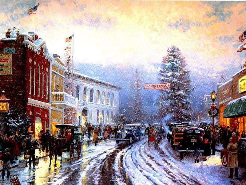 Christmas Rush, buggies, wet, christmas tree, children, snowy, stores, thomas kinkade, frenzy, flags, people, rush, decorations, streets, kinkade, christmas, town, horses, winter, carros, sloppy, snow, signs, HD wallpaper