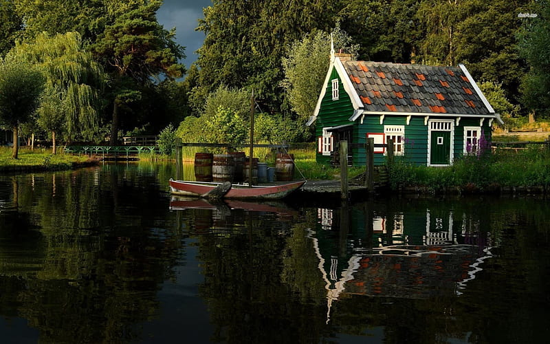 small house on the riverside, tree, river, dock, house, HD wallpaper