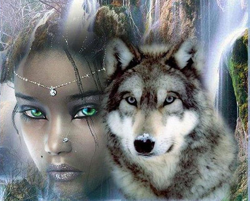girl and wolf, art, paintings, fantasy, people, wolf, animals, HD wallpaper