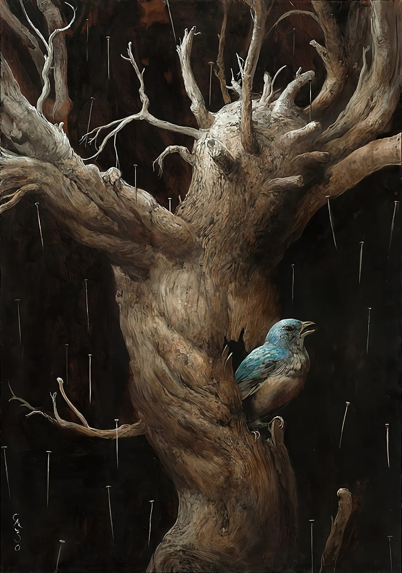 Santiago Caruso, artwork, birds, trees, HD phone wallpaper