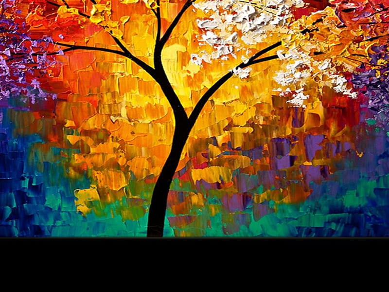 Tree , pretty, stunning, orange, bonito, turquoise, green, painting, blue, art, amazing, warm, colors, black, abstract, tree, cool, purple, vibrant, interesting, HD wallpaper