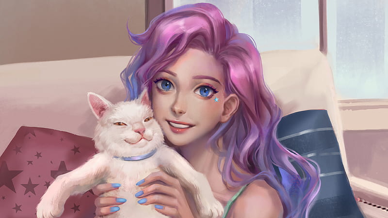 Video Game, League Of Legends, Blue Eyes, Cat, Girl, Pink Hair, Seraphine (League Of Legends), HD wallpaper