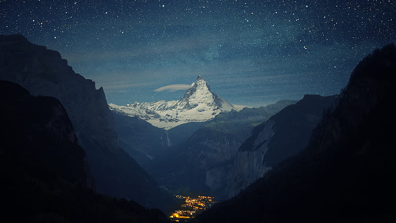 Zermatt-Matterhorn Aerial View at Night, HD wallpaper