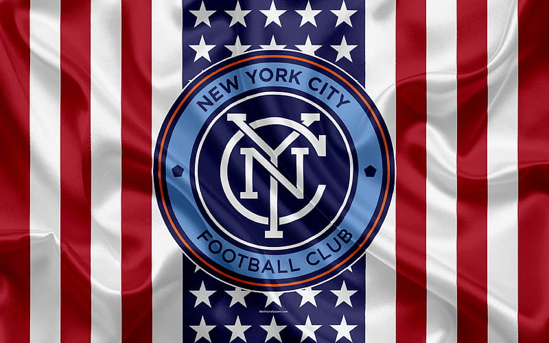New York City FC logo, silk texture, American flag, emblem, football club, MLS, New York, USA, Major League Soccer, Eastern conference, HD wallpaper