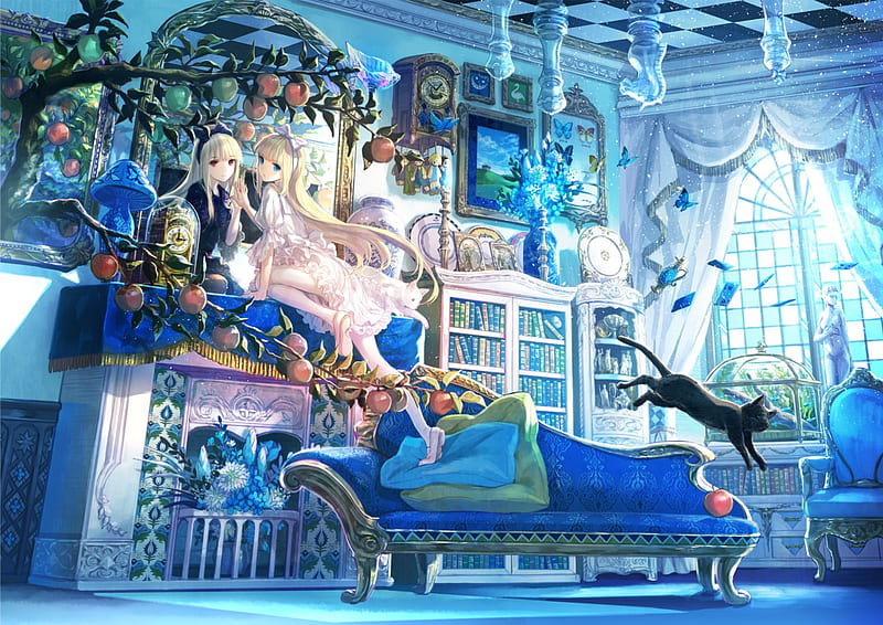 Alice in Worlds End, pretty, house, dual, magic, sweet, nice, fantasy, anime, couch, beauty, anime girl, chair, twins, long hair, lovely, kitty, gown, gowbn, blonde, cat, alice in wonderland, dress, blond, home, fuji choko, bonito, fireplace, double, duo, loli, mirror, upside down, female, lolita, blonde hair, blond hair, girl, cards, kitten, ceiling, chess, HD wallpaper