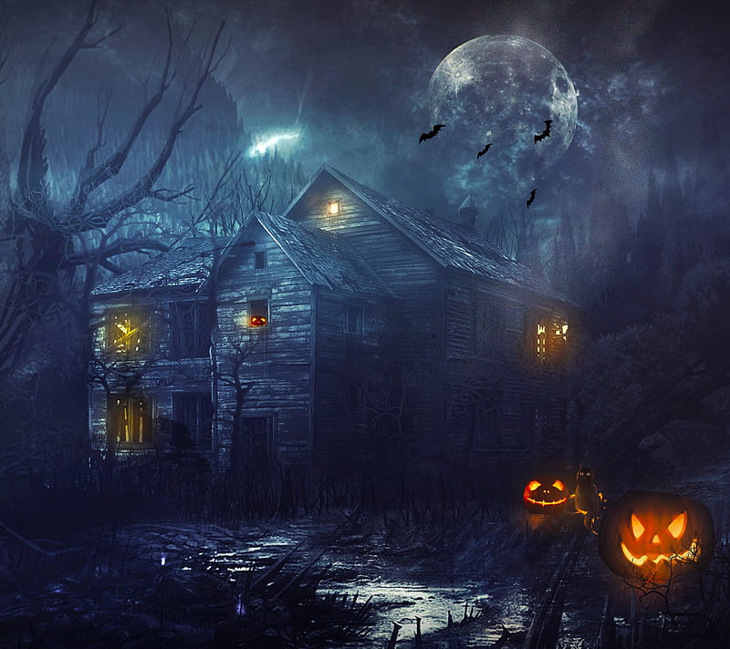 Halloween, bats, house, moon, pumpkin, HD wallpaper