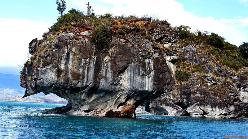 Imposing Rock in the Blue Water, water, rock, ocean, nature, trees, sea, blue, HD wallpaper